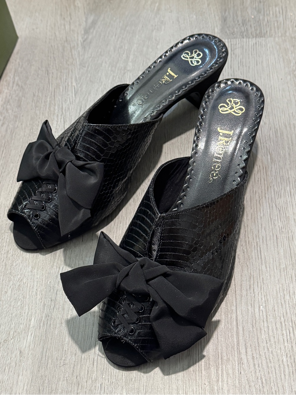 J.Renee Black Peep-Toe Bow Mules